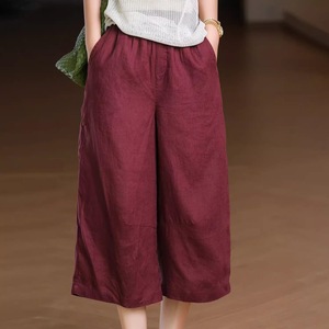 Cotton Linen Wide Leg Cropped Pants Women Elastic Waist Loose Fit Casual Artistic Retro Style Beige White Yellow Purple Black - Product Image 2