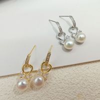 Élégantes boucles d'oreilles pendantes pour femme en argent 925 plaqué or, avec perle Edison ronde taille brillant 7-8mm et nœud en zircon blanc