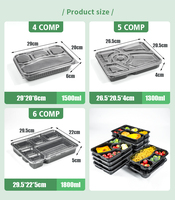 Kotak Makan Persegi Panjang Hitam 6 Kompartemen, Dapat Digunakan di Microwave, Sekali Pakai, Biodegradable, Wadah Plastik untuk Salad, Sandwich, Mie