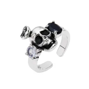 S925纯银女式戒指2023新款女式时尚浮雕玫瑰骷髅锆石纯阿根廷嘻哈朋克饰品