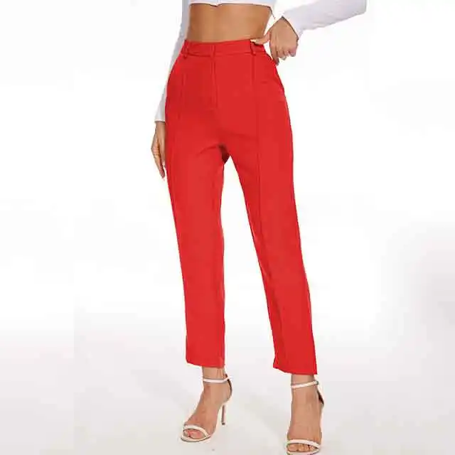 Kadin avrupa ve amerikan tarzı yeni kırmızı yüksek bel Slim Fit takım elbise pantolon düz takım elbise pantalonları Capris
