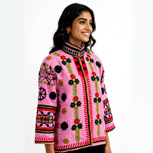 Veste rose en tricot 100% coton anti-rides, écologique, avec broderie florale, col mandarin, manches longues, manteau d'hiver pour femme - Product Image 1