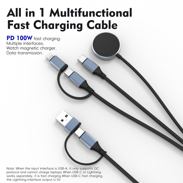 Multifunction 5 in 1 USB Cable Nylon Braided PD 100W Fast Charging Data Cable for Mobile Phone Tablet Earphone Computer Durable
