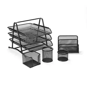 Wideny 5 pieces office mesh desk set Black 3 layers file tray pen holder wire metal Desktop stationery organizer set
