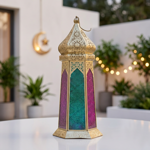 Lanterne porte-bougie chauffe-plat marocaine en métal doré conique avec verre floral coloré - Product Image 2