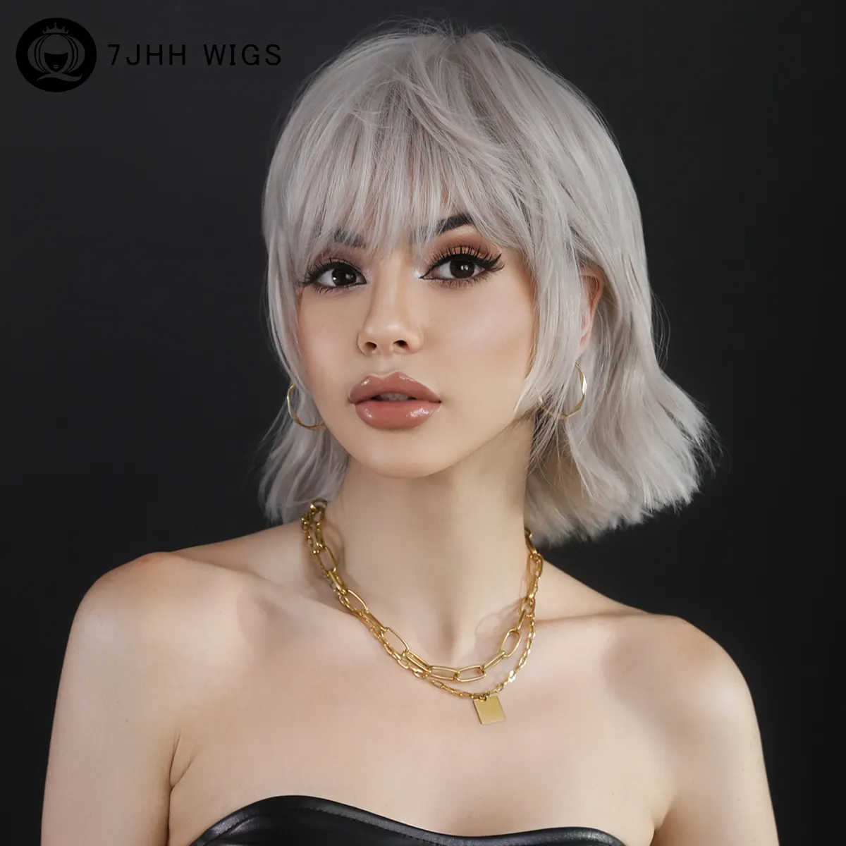 Pixie Cut Hair Wigs with Bangs Ombre Platinum Light Pink Color Wigs Cute Bob Short Layered Wavy Hair 12in Women's Wig Wholesale
