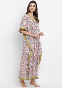 Caftán de algodón suave con estampado floral de bloque de mano, cintura con lazo multicolor, escote en V y Media manga, vestido largo hasta el suelo - Product Image 3