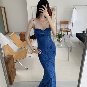 Abito in Velluto <span class=keywords><strong>Blu</strong></span> Royal da Donna, <span class=keywords><strong>Vestito</strong></span> Lungo <span class=keywords><strong>Aderente</strong></span> con Spalline Sottili, Abito Floreale <span class=keywords><strong>Aderente</strong></span> per Feste Notturne - Product Image 3