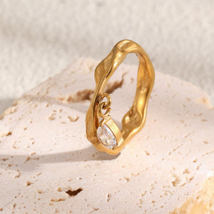 Stainless Steel 18K Gold Plated Hammered Texture <b>Ring</b> Dangling Teardrop Zircon Charm Vintage <b>Statement</b> Finger <b>Ring</b> For Women - Product Image 5