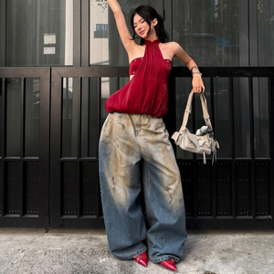 Top retro sexy sin mangas con cuello halter, lazo, bolsillo y dobladillo burbuja, estilo vacaciones - Product Image 4