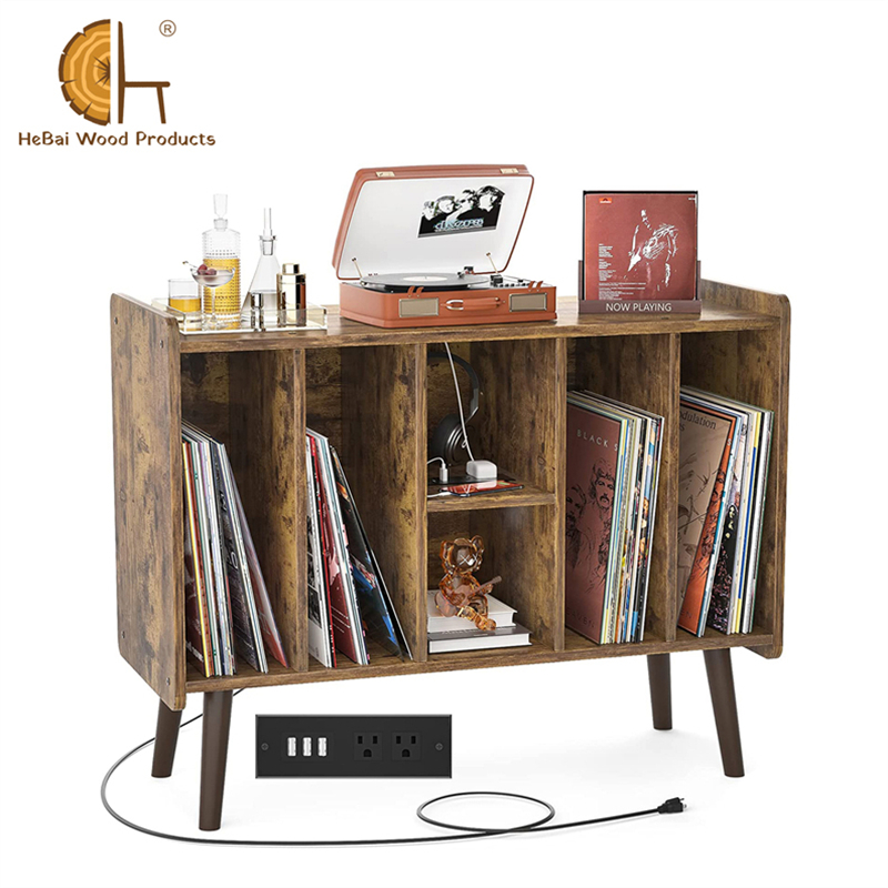 Manufacturer OEM Mid Century Modern Bedside Table Brown Record Player Stand End Bed Side Tables Nightstand Charging Station USB