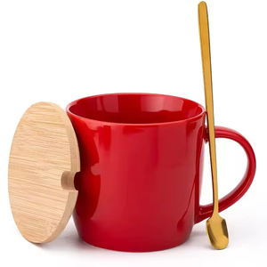 Mug en céramique de haute qualité 401-500 ml, finition brillante, couvercle en bois, cuillère, logo personnalisable, résistant à la chaleur, durable, multicolore - Product Image 4