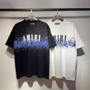 T-shirt à manches courtes unisexe style urbain américain, imprimé vintage avec lettres graffiti effet peinture fluide et motifs étoilés, anti-humidité - Product Image 1