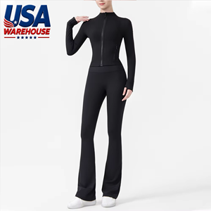 USA Warehouse Solid Breathable Plus Size High-Waisted ActiveWear Yoga Set Women 2-Piece Workout <b>Clothes</b> Quick Dry Front Flare - Product Image 1