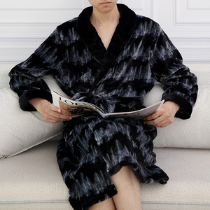 Pyjama d'hiver en peluche et flanelle pour hommes, vêtement de nuit Long, épais, Large, peignoir pour la maison, hauts de nuit, automne et hiver - Product Image 3