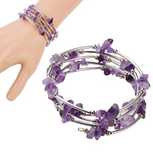 Braccialetto personalizzato <span class=keywords><strong>con</strong></span> chip di ametista naturale <span class=keywords><strong>con</strong></span> pietre curative in filo metallico bracciali in cristallo <span class=keywords><strong>viola</strong></span> per regalo - Product Image 1