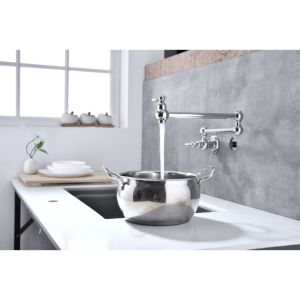 Grifo de cocina de montaje en pared chapado con doble manija DB, diseño contemporáneo moderno, relleno de olla de agua fría y caliente giratorio, Estilo clásico - Product Image 1