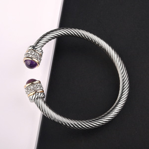 Stainless Steel Cable Open <b>Bracelet</b> Natural Stone Twisted <b>Adjustable</b> C Shape Titanium Steel Unisex Jewelry Gift - Product Image 4