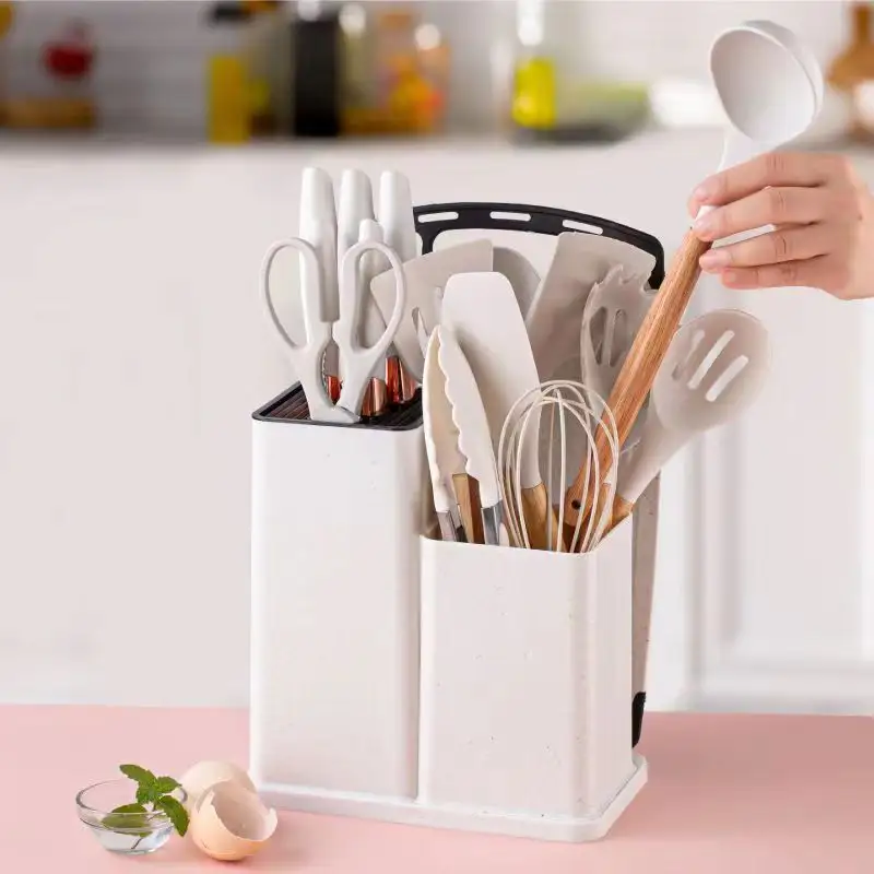 Conjunto de utensílios de cozinha de silicone para cozinhar, espátula, colher e faca de cozinha rosa com cabo de madeira, 19 unidades