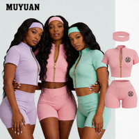Ensemble 3 pièces pour femme avec bandeau, survêtement streetwear personnalisé, veste zippée à manches courtes, respirant, au-dessus du genou