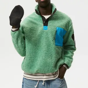 Decheng Oem 100% Polyester Satin Pocket Heavyweight Sweatshirt Button Up Contrast Placket Pullover Oversized Fleece Sweatshirts