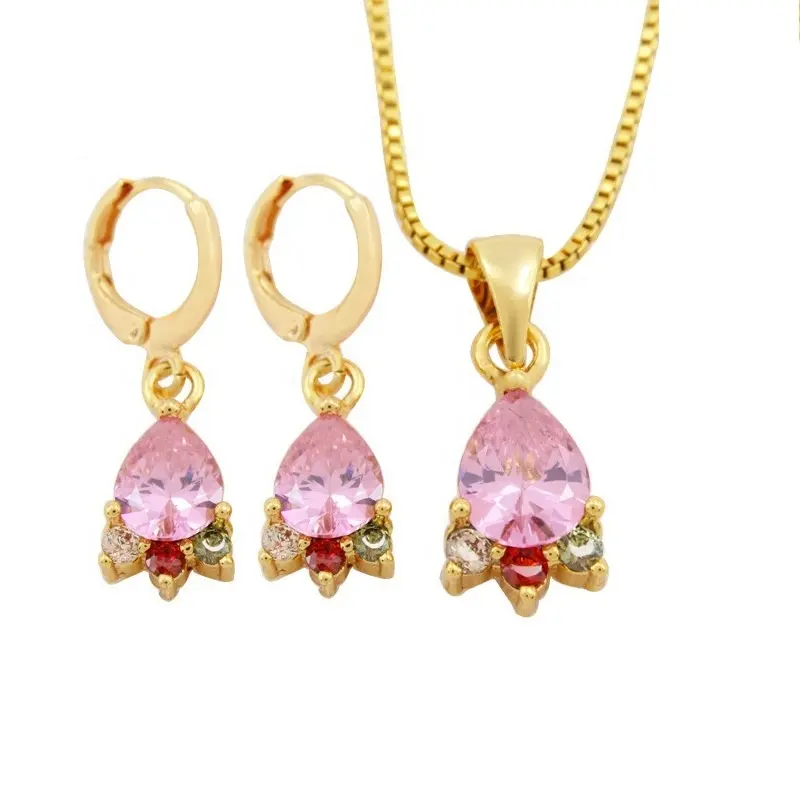 DTINA Dubai Gold Plated Wedding Women Jewelry Set Necklace Earrings Pendants Pink Color Cute Jewelry Set