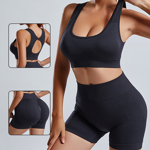 Ensemble 2 pièces de <span class=keywords><strong>yoga</strong></span> sans couture <span class=keywords><strong>pour</strong></span> femme, soutien-gorge de sport sexy à découpe dorsale et short de <span class=keywords><strong>yoga</strong></span> taille haute rehausseur de hanches <span class=keywords><strong>pour</strong></span> fitness et course à pied - Product Image 1