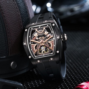 Skeleton Automatic <b>Watch</b> for Men Tonneau Stainless Steel Case Outdoors 50m Water Resistance Silicone Sport Band - Product Image 5