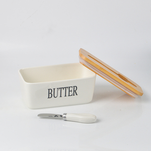Caja de mantequilla de cerámica nevera caja de mantequilla de queso <span class=keywords><strong>rectangular</strong></span> con cuchillo y tapa de madera - Product Image 4
