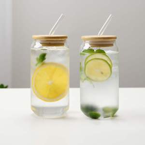 Hot Sale Boba Tea Water Beer Can Shaped Drinking Glasses 12oz 16 oz Glass <b>Cups</b> with Bamboo Lid and Straw - Product Image 3