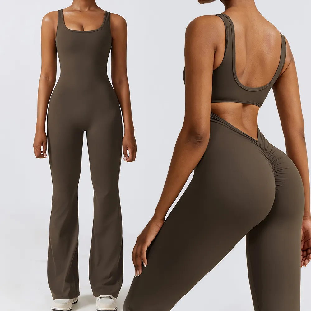 OEM profundo cuello en U espalda descubierta ahueca hacia fuera Y2K Flare yoga mono sexy mujeres deportes de una pieza fitness entrenamiento mono