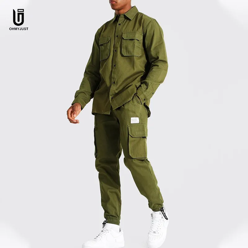 Customize Cotton Army Green Official Utility Shirts & Trouser Two Pieces Men's Jogger Suites Cargo Pants Set