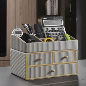 MAVOBO Light Luxury Leather Desktop Exquisite Assembly Double Tier Makeup Cosmetic <b>Storage</b> <b>Box</b> <b>Drawer</b> Organizer - Product Image 6