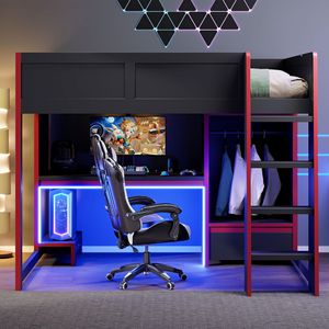 Lit mezzanine avec bureau et rangement, couleur noir et rouge, mobilier de chambre multifonctionnel pour enfants, adultes et personnes âgées - Product Image 3