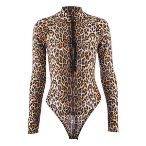 Body de Manga Larga con Estampado de Leopardo, <span class=keywords><strong>Sexy</strong></span> y Atrevido, Cuello Alto, Tela Dobby de Poliéster/Algodón, Ajustable, Control Ligero, Discreto - Product Image 4