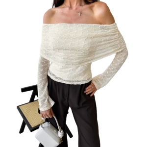 T-shirt en maille jacquard sexy à épaules tombantes, sans col, coupe ajustée, élégant et polyvalent pour femme - Product Image 1