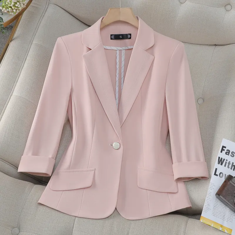 2024 New Pink Small Suit Jacket for Women Cropped Sleeves High Sense Little Casual Ladies' Blazer for Spring/Summer