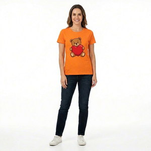 Orange Women T Shirt Teddy Bear Heart Graphic Tee Custom <b>Cartoon</b> Ladies <b>Tshirt</b> Manufacturer Promotional Gift Summer Tops - Product Image 1