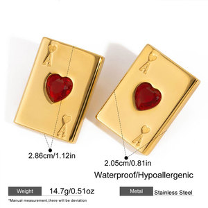 Custom Gold Color Lady Earring 14k 18k PVD Gold Plated Fashion 316L Stainless Steel Red Zircon <b>Playing</b> <b>Card</b> Earrings For Women - Product Image 6