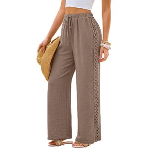 Wide Leg Pants For Women <b>Linen</b> Cotton Elastic Waist High Waisted Palazzo <b>Trousers</b> With Lace Detail Summer Beach Outfits - Product Image 1