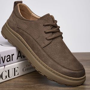 Men's Genuine Leather <b>Round</b> <b>Toe</b> Walking Shoes Low <b>Heel</b> Anti Slip Rubber Outsole Casual Business Style - Product Image 3