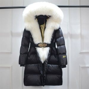 女式白色鸭绒外套，狐狸毛帽边饰，系带收紧腰围，修身连帽冬季外套，全新设计 - Product Image 5