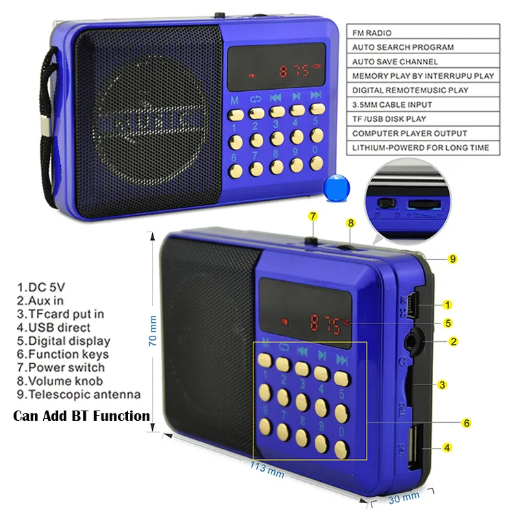 Бесплатный образец Портативный FM-радио цифровой плеер FM-передатчик динамик USB Перезаряжаемый радио со слотом для SD-карты