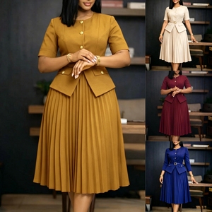Vestido de Verano Elegante para Mujer J633, Vestido Plisado con Cuello Redondo y Parches, Talla Grande, Estilo Africano con Cinturón - Product Image 2