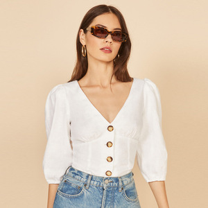 Chemise à col en V en lin rétro française, élégante, coupe ajustée, style décontracté, taille naturelle, en mousseline de soie, collection été 2021 pour femmes NR211 - Product Image 5