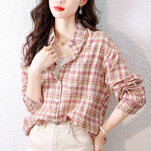 Chemise écossaise à carreaux pour <span class=keywords><strong>femme</strong></span>, manches longues, style rétro artistique, haut en coton pour le printemps et l'automne - Product Image 2