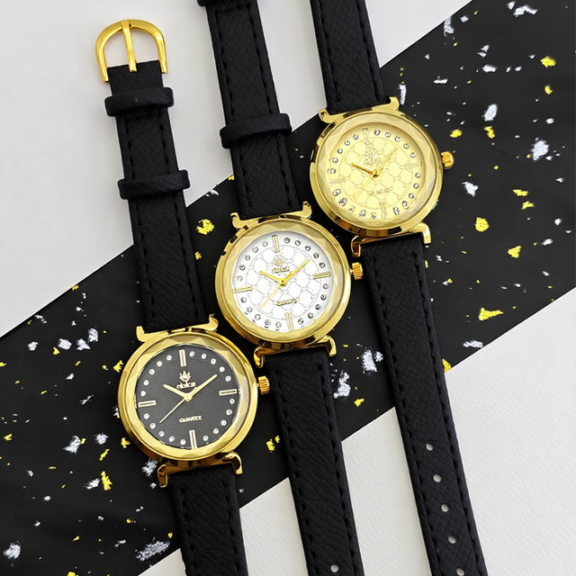NIAICE Elegant Crystal Accent Gold Tone Women's Quartz Watch with Ultra Fiber Leather Strap for Daily Dress Wear