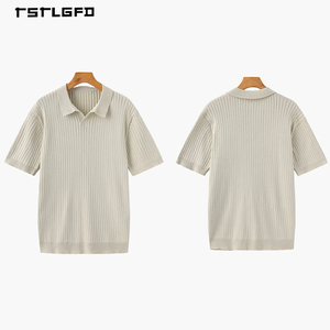 Polo en tricot côtelé vertical de haute qualité pour homme, couleur crème beige, manches courtes, style Old Money, minimaliste, luxe, été, resort - Product Image 1