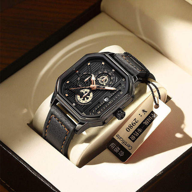 LP19 Men's 42mm Dial Quartz Watch New Square Shell Fashion Casual Sports Bracelet Suit Leather Material 20mm Band Glass Watches