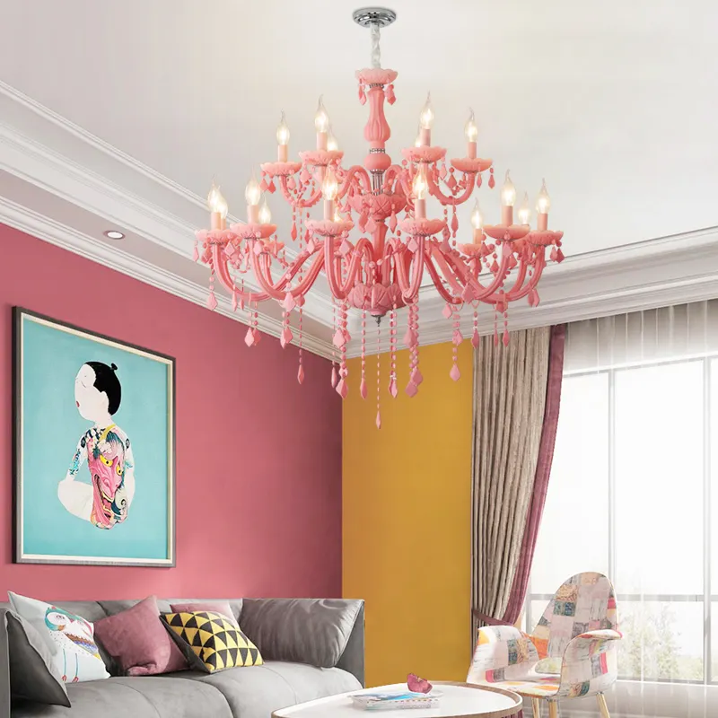 Contemporary pink crystal chandelier macaron sweet girl princess room ceiling lamp fashion home living room decoration lighting